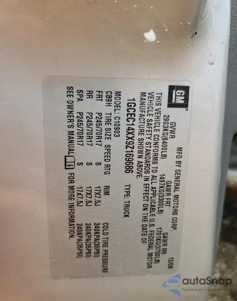 2009 Chevrolet Silverado C1500 z USA, uszkodzony, nr VIN 1GCEC14XX9Z169686